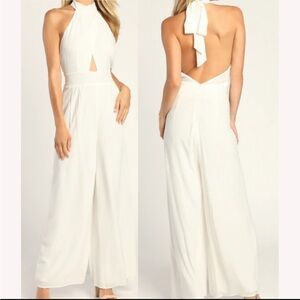 Lulu's stunning white halter low back jumpsuit outfit